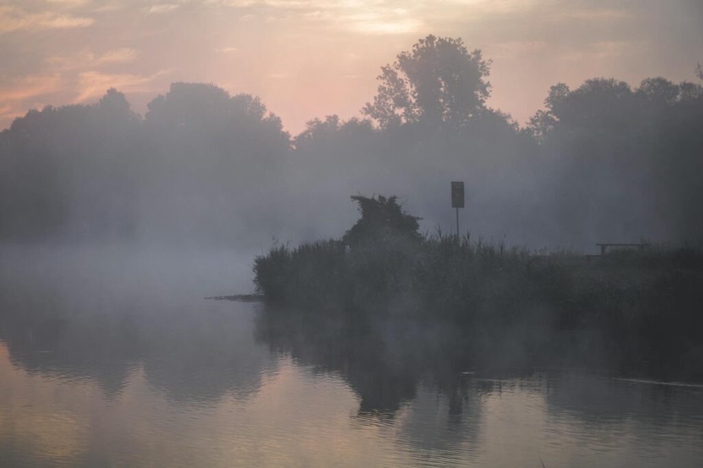 A calming scene of misty sunrise over a peaceful lake surrounded by trees.